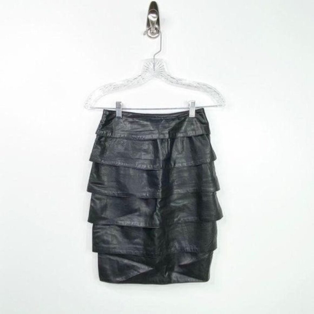 Vintage 90s VARI ZIONI 2‎ Layered Black 100% Leather Skirt Fall Winter